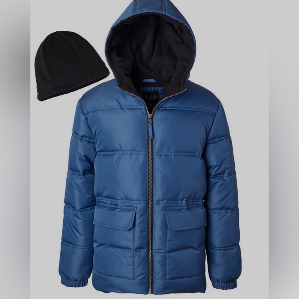 Big Boys Pocket Puffer Jacket with Fleece Hat, 2 Piece Set  size S NWT